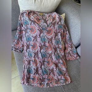 Roberta Roller Rabbit 100% Cotton Tunic Top with Beaded details, Size Small EUC